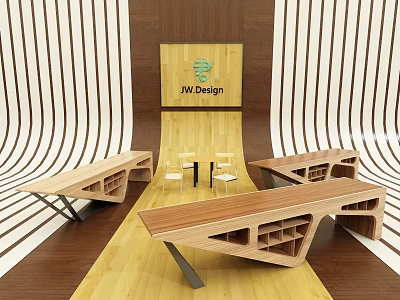 Modern Wooden Office Desk With Geometric Structure Storage Compartments And JW Design Logo 3d model