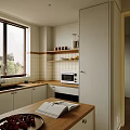 Cozy Modern Kitchen Interior With Window Blinds Green Plant Open Shelves And Countertop