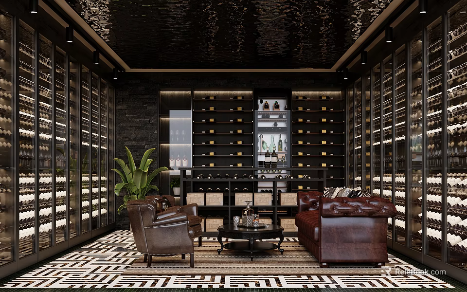 Luxury Wine Cellar With Leather Sofas And Wine Racks 3d model