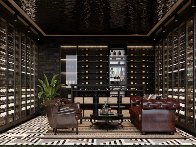 Luxury Wine Cellar With Leather Sofas And Wine Racks 3d model