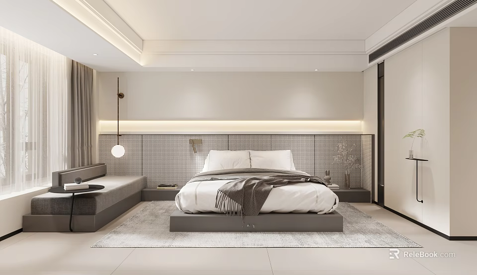Hotel Guest Room With Comfortable Bed Checkered Headboard Background Soft Lighting Gray Bench And Rug 3d model 