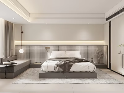 Hotel Guest Room With Comfortable Bed Checkered Headboard Background Soft Lighting Gray Bench And Rug 3d model
