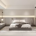 Hotel Guest Room With Comfortable Bed Checkered Headboard Background Soft Lighting Gray Bench And Rug