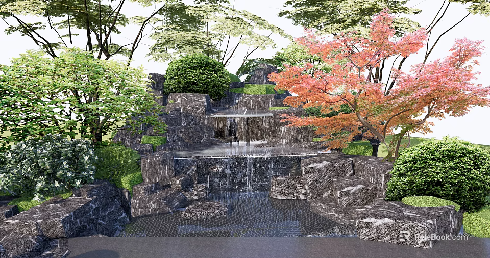 Rockery Stones With Waterfall Red Maple And Lush Greenery In Garden Landscape 3d model 
