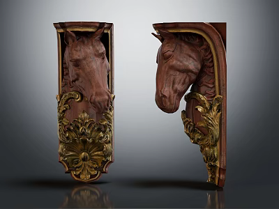Vintage Carved Horse Head Decorative Ornament Set With Golden Accents 3d model
