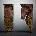 Vintage Carved Horse Head Decorative Ornament Set With Golden Accents