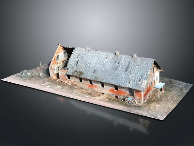 Old Red Brick Building Model With Damaged Gray Roof And Chimney Details 3d model