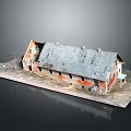 Old Red Brick Building Model With Damaged Gray Roof And Chimney Details