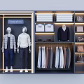 Modern Display Shelves With Mannequins Folded Clothes Hanging Shirts And Bags For Happy Boy