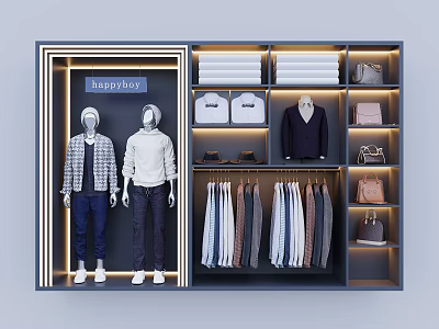 Modern Display Shelves With Mannequins Folded Clothes Hanging Shirts And Bags For Happy Boy 3d model