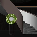 Modern Staircase With Curved Copper Handrail Black Steps And Green Floral Wreath