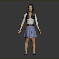 Woman standing with open hands in white top and light blue skirt against dark background