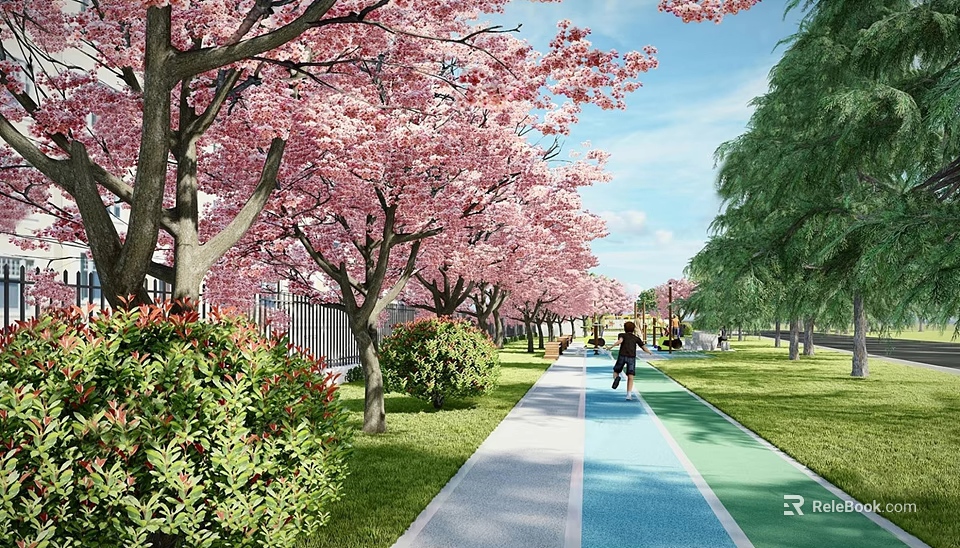 Park Landscape Featuring Pink Cherry Blossom Trees Blue Pathway People Jogging And Green Lawns 3d model 