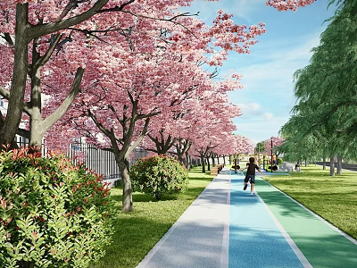 Park Landscape Featuring Pink Cherry Blossom Trees Blue Pathway People Jogging And Green Lawns 3d model