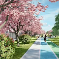 Park Landscape Featuring Pink Cherry Blossom Trees Blue Pathway People Jogging And Green Lawns
