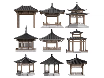 Traditional Chinese Pavilions With Various Classic Roof And Wooden Frame Designs 3d model