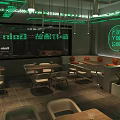 Modern Bar Interior with Green Neon Lights Cacti and Tables Chairs