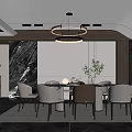 Modern Restaurant Interior With Round Dining Table Circular Pendant Lights Chairs And Marble Wall