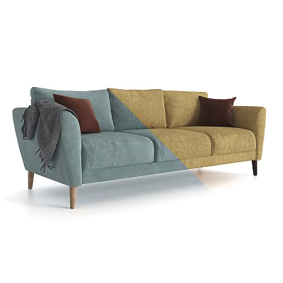 Light Blue And Beige Two Seater Sofa With Dark Cushions Grey Blanket And Wooden Legs 3d model