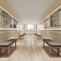 Modern Restaurant Interior With Wooden Slat Ceiling Dining Tables And Abstract Paintings