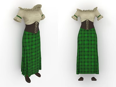 Cream Ruffled Collar Short Sleeve Dress With Brown Laced Corset And Green Plaid Long Skirt 3d model