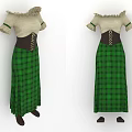 Cream Ruffled Collar Short Sleeve Dress With Brown Laced Corset And Green Plaid Long Skirt