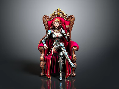 Ornate Red Throne With Gold Accents Seated By Armored Woman On Gray Background 3d model