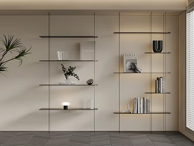 Modern Open Bookshelf Design With Glass Shelves Metal Frame And Decorative Items 3d model
