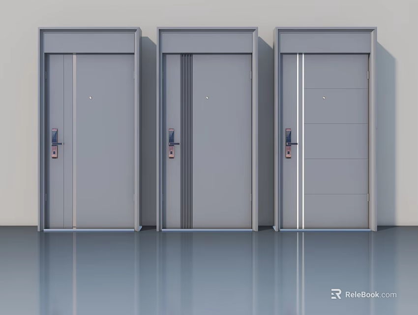 Three Modern Gray Swing Doors with Frames Door Handles and Locks 3d model 