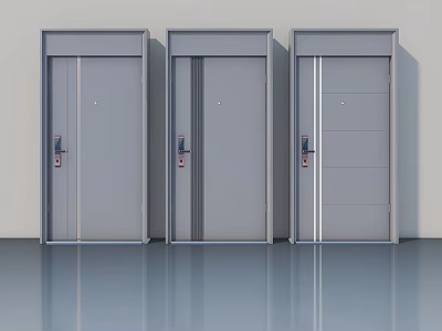 Three Modern Gray Swing Doors with Frames Door Handles and Locks 3d model