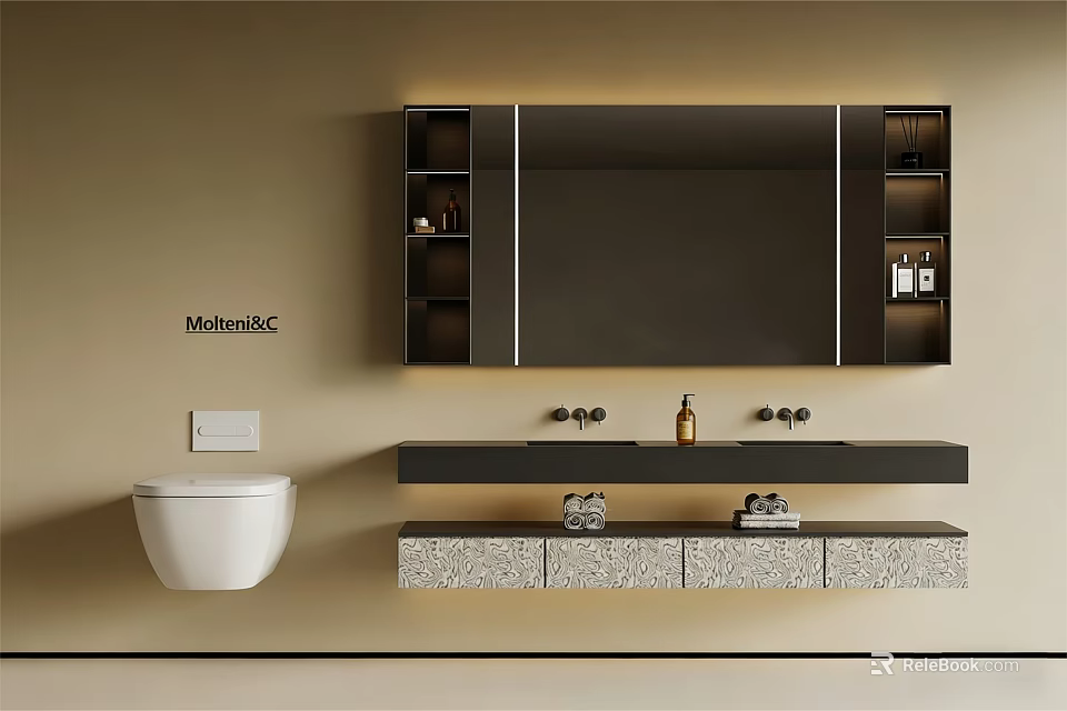 Modern Bathroom Vanity With Large Mirror Built in Shelves Stone Countertop And Toiletries 3d model 