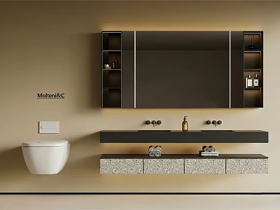 Modern Bathroom Vanity With Large Mirror Built in Shelves Stone Countertop And Toiletries 3d model