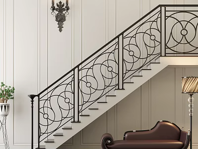 Decorative Iron Staircase Railing With Intricate Scrollwork In Elegant Interior With Sofa And Lamp 3d model