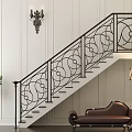 Decorative Iron Staircase Railing With Intricate Scrollwork In Elegant Interior With Sofa And Lamp