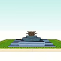 Multi Tiered Stone Fountain With Floral Top And Green Lawn Surroundings