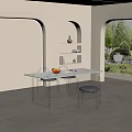 Modern Dining Room Interior With White Table Metal Chairs Shelves And Garden View
