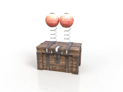 Steampunk style treasure chest treasure chest spring lamp red ball lamp wooden box metal strap mechanical device outdoor items realistic cartoon 3d model