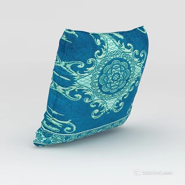 Elegant Blue Decorative Throw Pillow With Intricate White Floral Pattern Design 3d model 