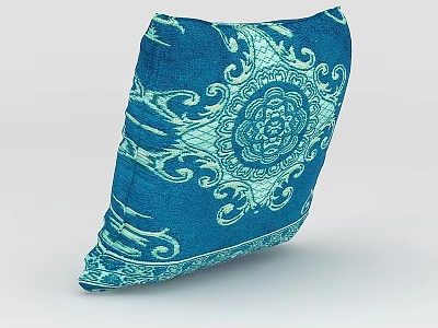 Elegant Blue Decorative Throw Pillow With Intricate White Floral Pattern Design 3d model