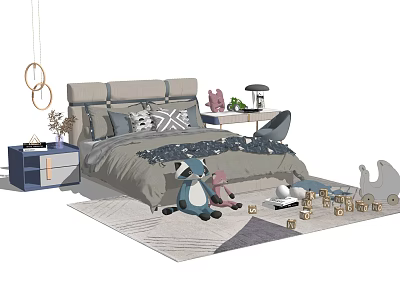 Children's Bed With Gray Bedding Stuffed Raccoon Toy Building Blocks And Side Table 3d model