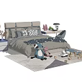 Children's Bed With Gray Bedding Stuffed Raccoon Toy Building Blocks And Side Table