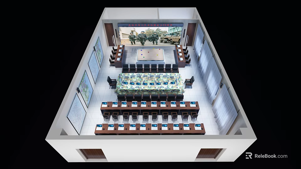 Monitoring Room Interior With Multiple Monitors Control Desks And Seats Layout 3d model 