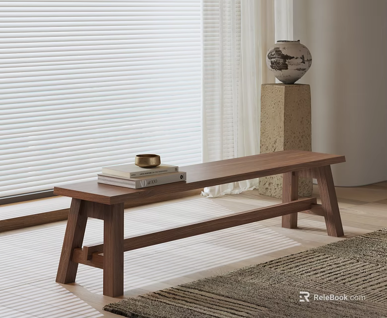Natural Wooden Bench In Living Room With Window Blinds Stone Pedestal Vase And Area Rug 3d model 