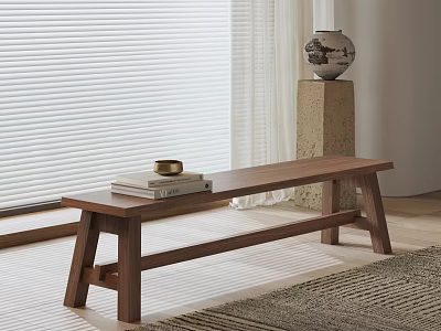 Natural Wooden Bench In Living Room With Window Blinds Stone Pedestal Vase And Area Rug 3d model