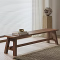 Natural Wooden Bench In Living Room With Window Blinds Stone Pedestal Vase And Area Rug