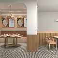 Modern Restaurant Interior With Wooden Tables Pendant Lights And Green Wall Art