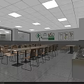 Cafeteria Dining Space With Tables Chairs White Ceiling Wall Signs And Serving Counter 3d model
