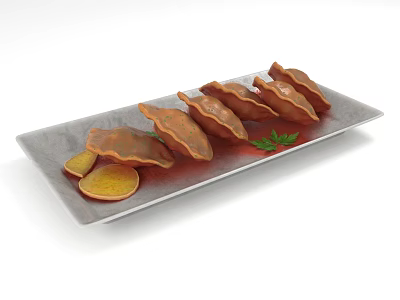 Delicious Pan Fried Dumplings on Gray Rectangular Plate with Lemon Slices and Parsley Garnish 3d model