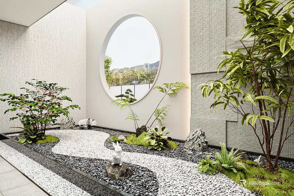 Elegant Garden Ornament Design With Round Mirror Green Plants Pebble Path And White Rabbit Ornament 3d model 