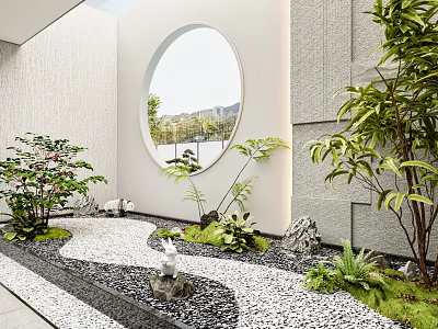 Elegant Garden Ornament Design With Round Mirror Green Plants Pebble Path And White Rabbit Ornament 3d model